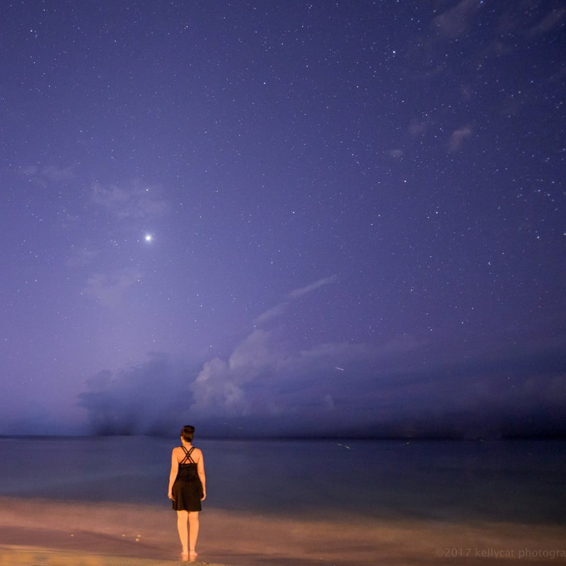 a brunette, in a black dress, stands at the edge of the water looking out at the stars