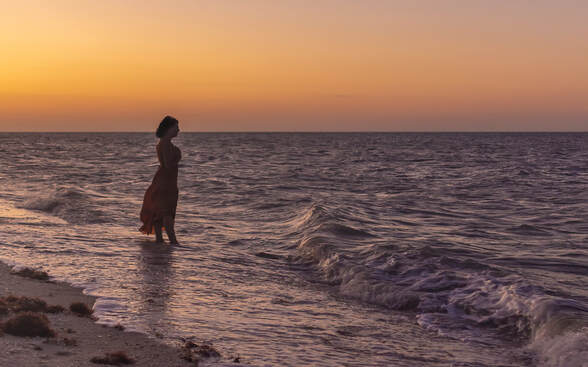 Sunset beach photo of a girl in a brown dress